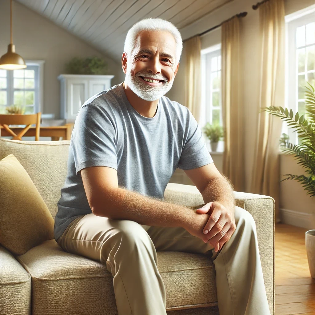 DALL·E 2025-01-06 20.07.32 - A realistic depiction of the same older man sitting comfortably on a sofa in a home setting. The man is smiling warmly, looking relaxed and happy, wit