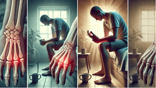 A.I generated image of Rheumatoid Arthritis sufferer sitting on edge of bed holding painful wrist and skeletal image of joints reds and painful