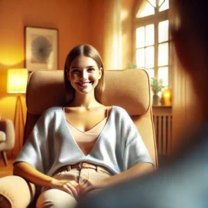 Clinical hypnotherapist in therapy chair in therapy room