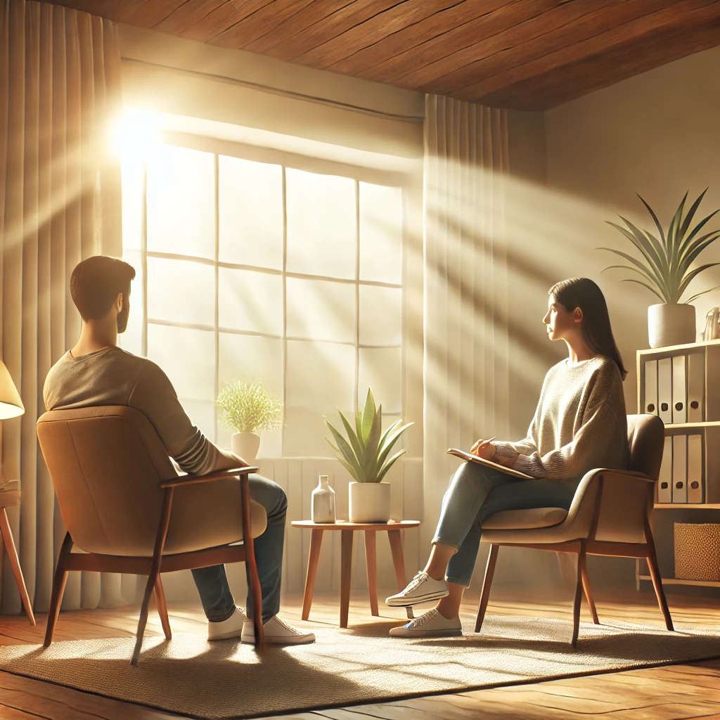 Therapist and client in calm room with large window, sun shining through.