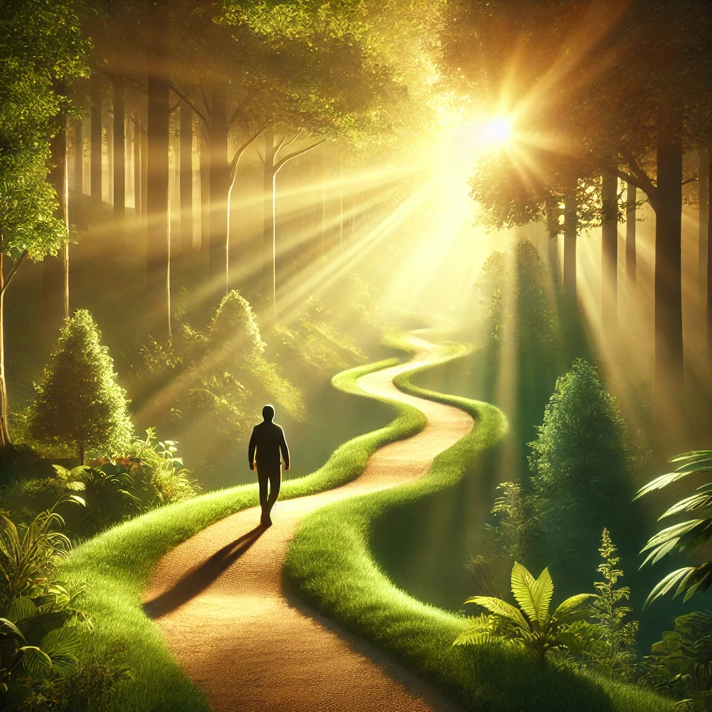 Man walking up winding path lined with grass, surrounded by nature, heading towards sunset.