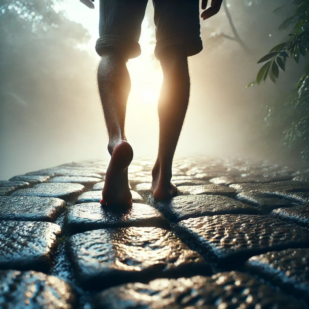 back of feet on cobbled street walking into sunset.