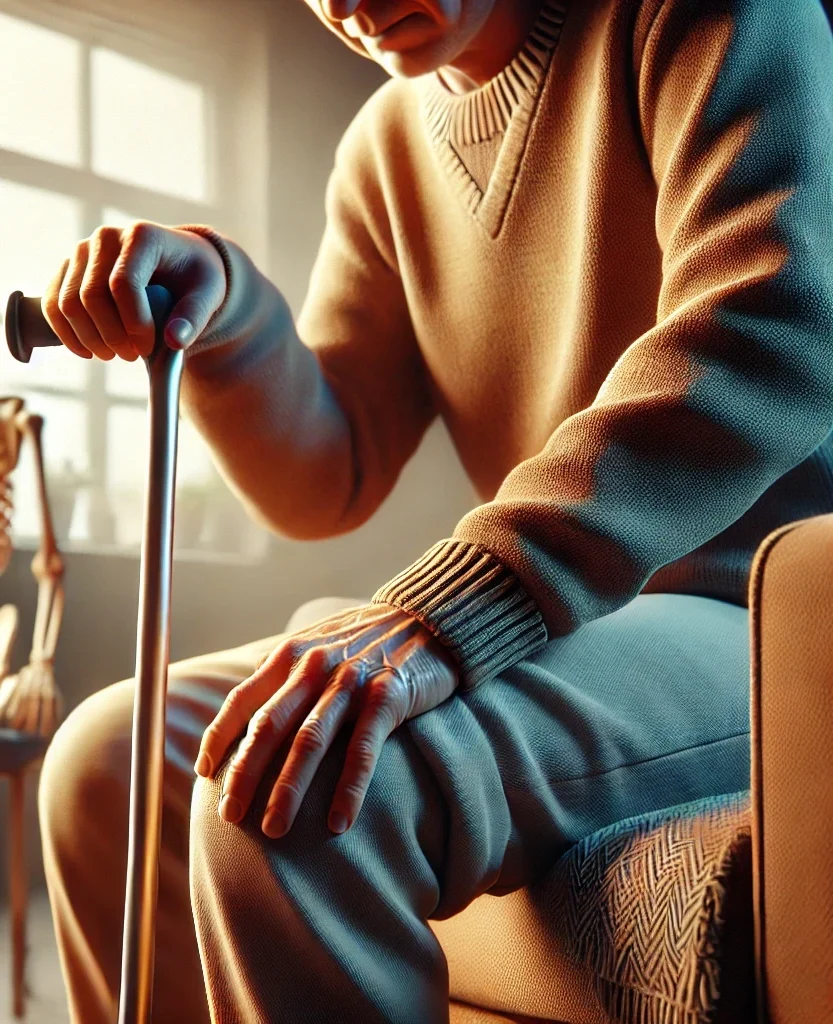 DALL·E 2025-01-06 19.59.06 - A realistic depiction of a person experiencing pain from stiff and sore joints due to arthritis. The individual is shown using a cane for mobility, wi