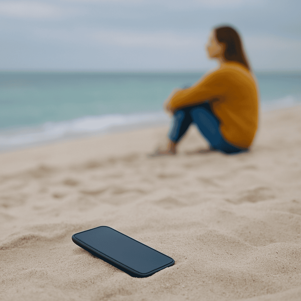 Woman on beach in mustard top looking at waves, phone on floor.