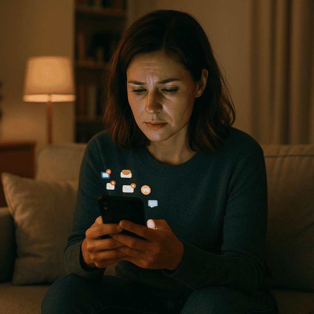 Evening Focus on Smartphone Woman scrolling on her phone, looking overwhelmed in the evening. Phone addiction Hypnotherapy.