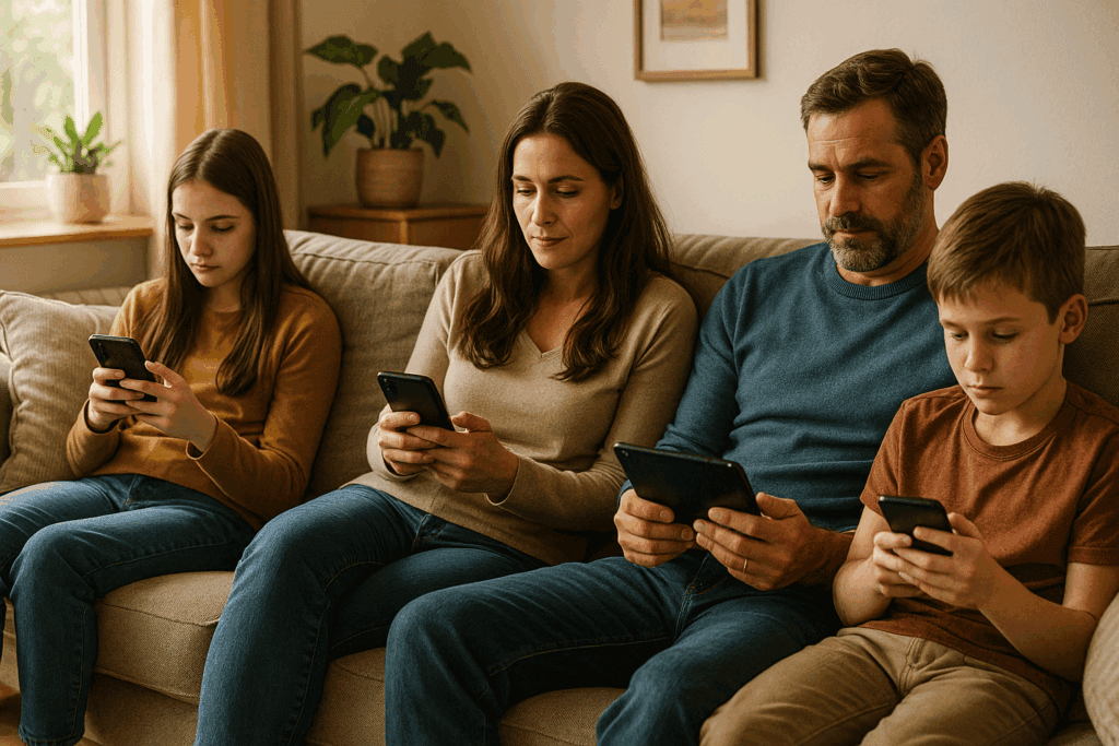 Family of four all on their own devices, not interacting
