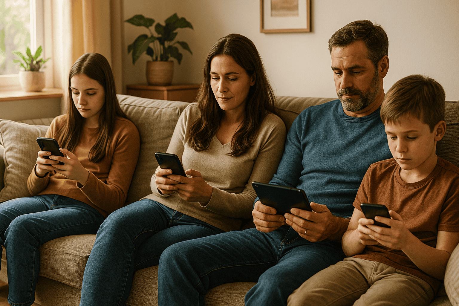 Family of four all on their own devices, not interacting