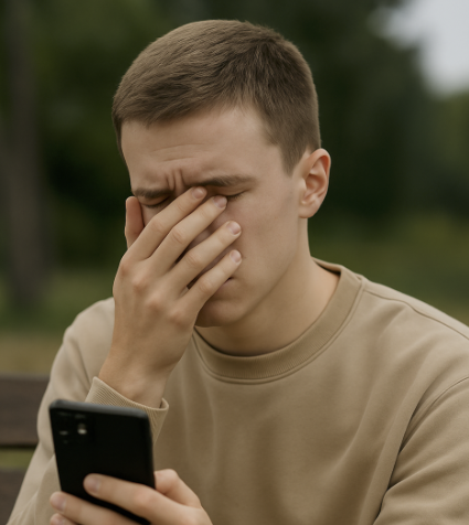 Man on phone looking stressed sitting on bench