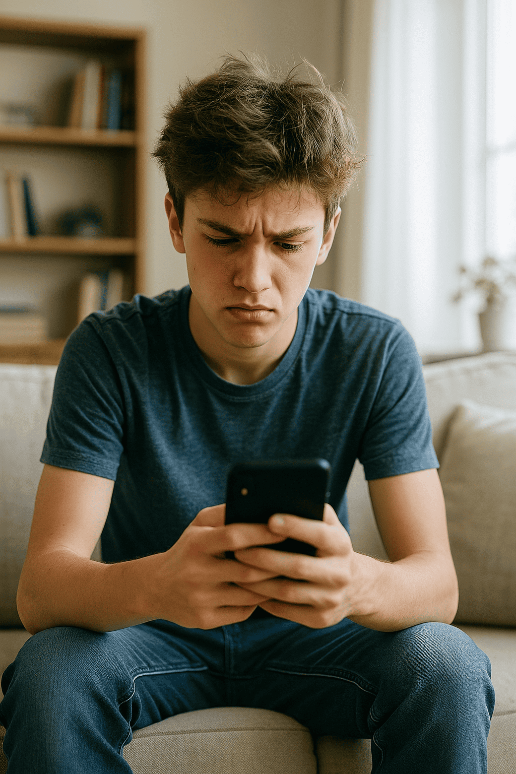 Teenage Boy Focused on Phone Phone addiction Hypnotherapy. boy sitting on a sofa, looking frustrated at his smartphone