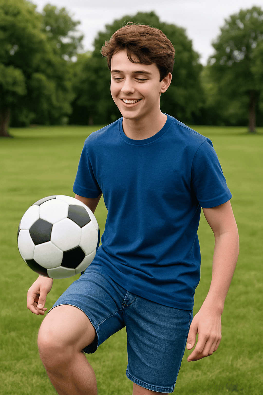 Teenager Juggling Soccer Ball in Park Teenage boy smiling and playing football in a park, enjoying screen-free time after reducing mobile phone use with phone addiction hypnotherapy.