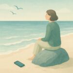 Woman sitting on rock on sandy beach watching the waves with phone on the sandy floor