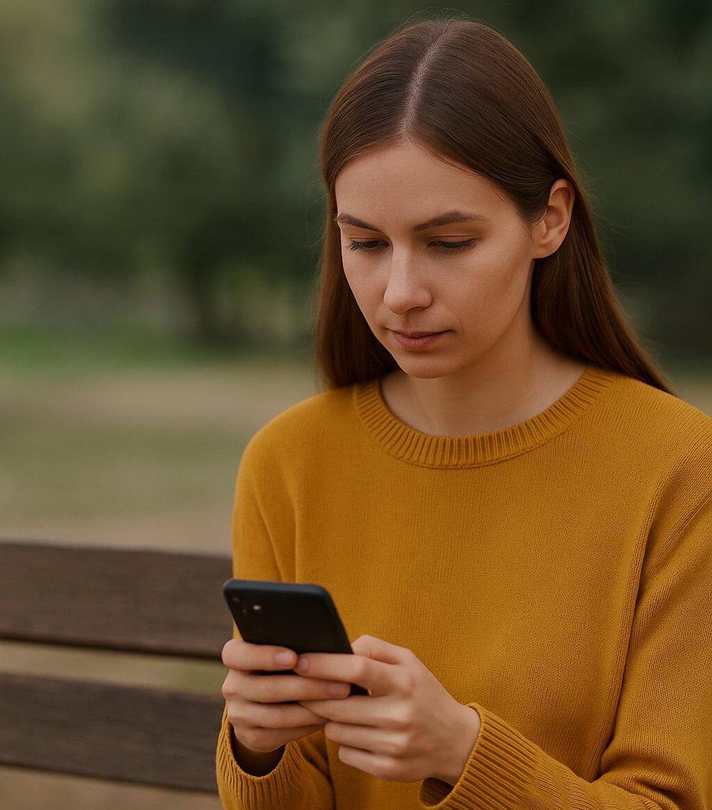 woman in mustard jumper sitting on a bench looking at her phone