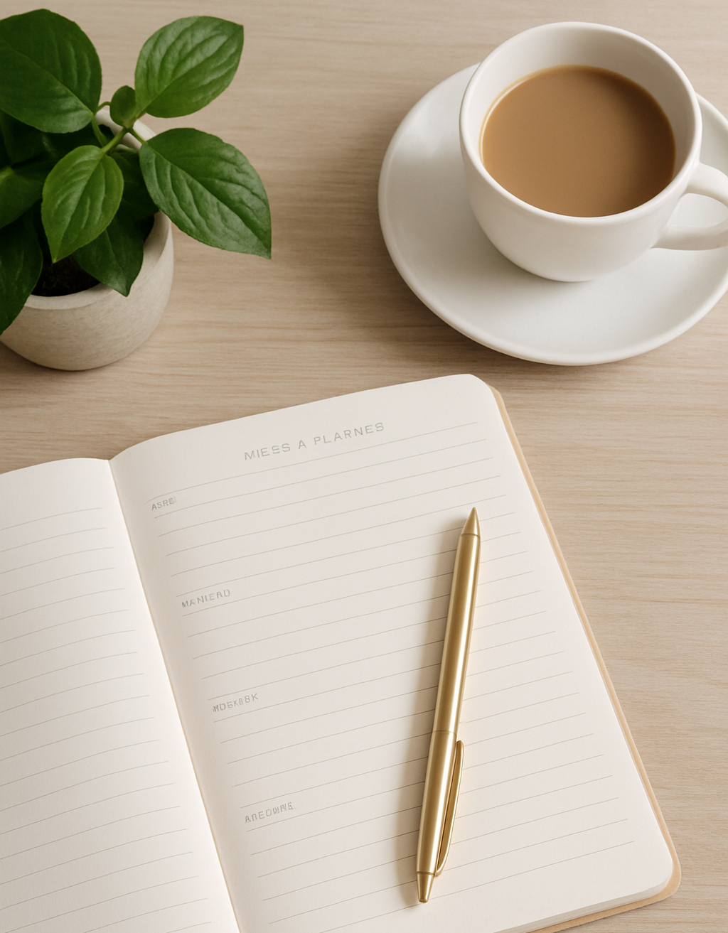 Coffee, note pad and pen.
