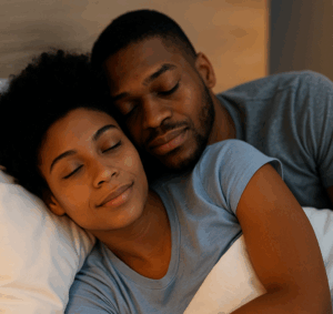 Couple sleeping peacefully after hypnotherapy. 