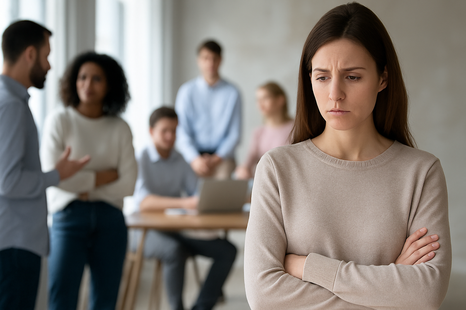 lack-of-confidence-hypnotherapy.jpg Person holding back with lack of confidence while others look assured.