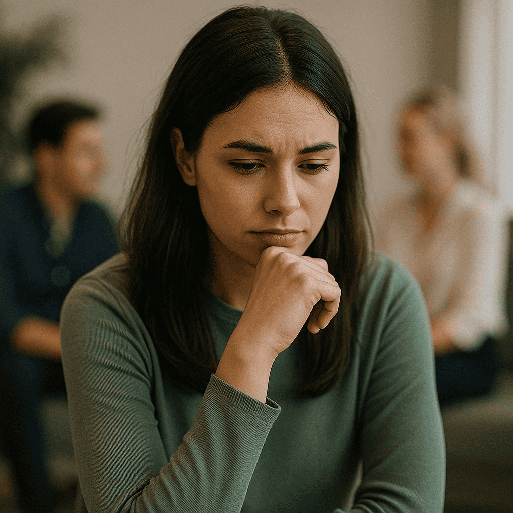 when-self-doubt-becomes-a-habit.jpg Woman looking down thoughtfully, holding back in a group setting, showing how self-doubt can become a habit.