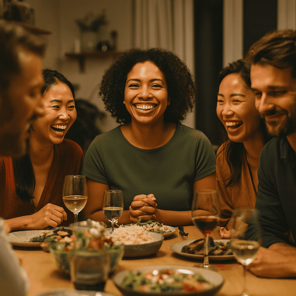 joyful-dinner-gathering-confidence.jpg A diverse group of friends laughing and enjoying a lively dinner together, symbolising confidence and ease in social settings.