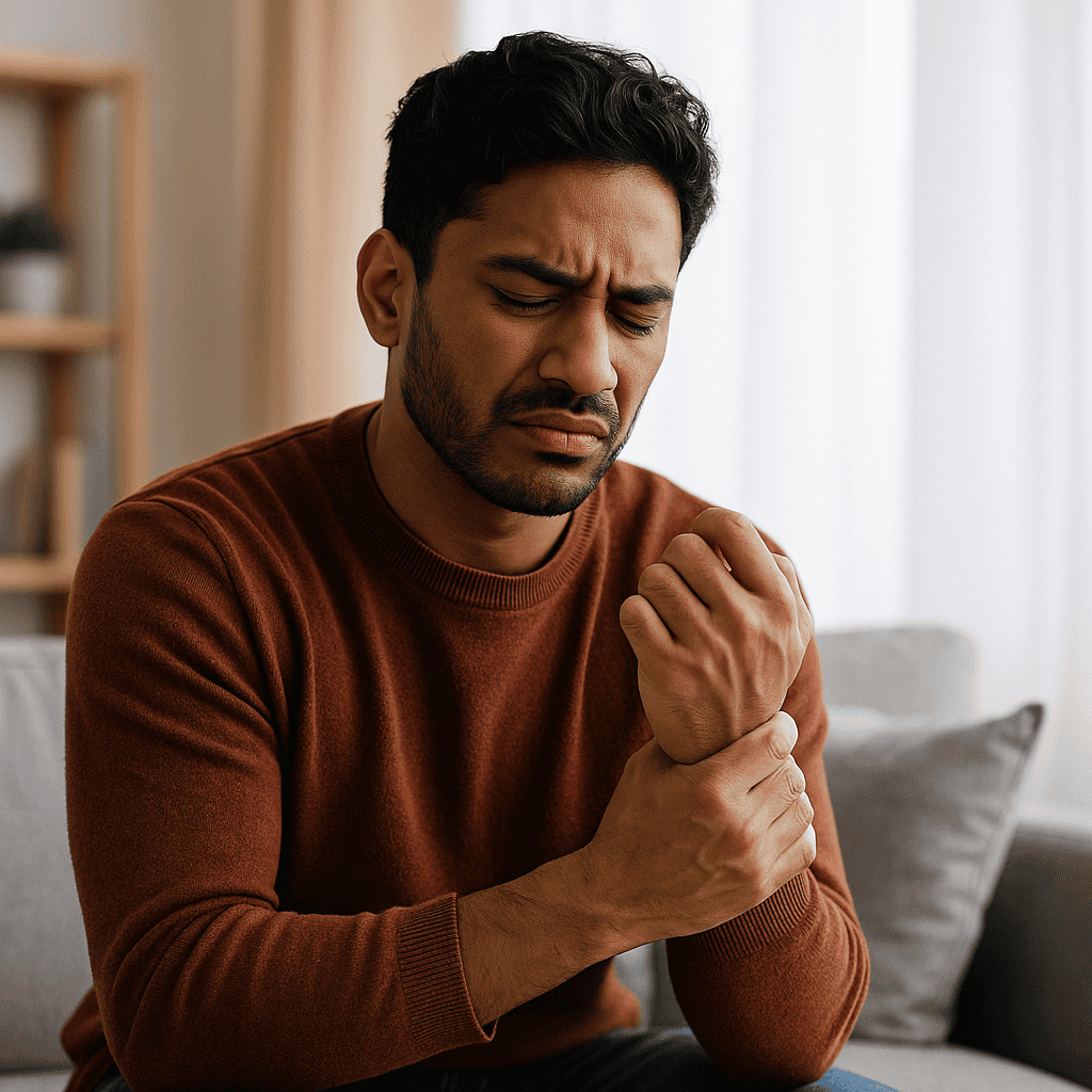 Younger adult holding wrist in pain, showing symptoms of rheumatoid arthritis.
