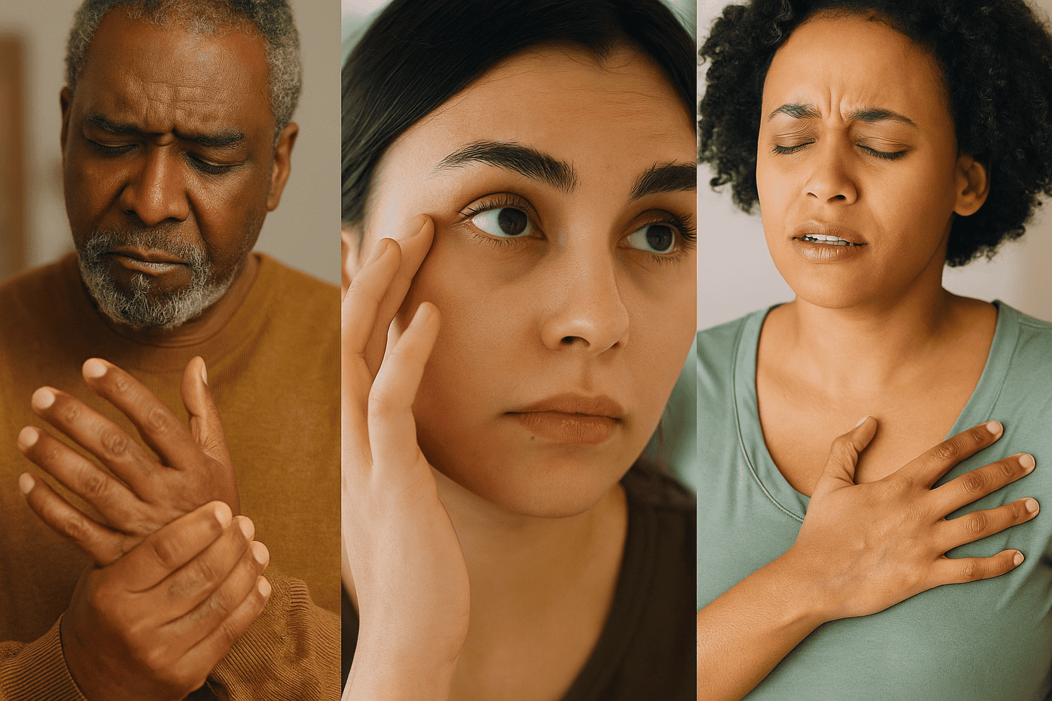 Collage showing rheumatoid arthritis beyond joints with painful hands, eye discomfort, and chest symptoms.