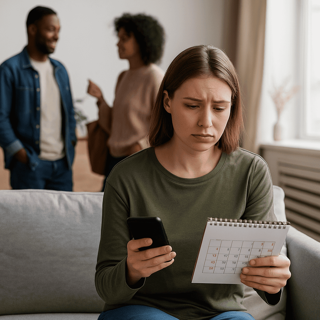 Woman looking reluctant at a calendar and phone while others prepare to go out, showing the burden of rheumatoid arthritis on daily life.