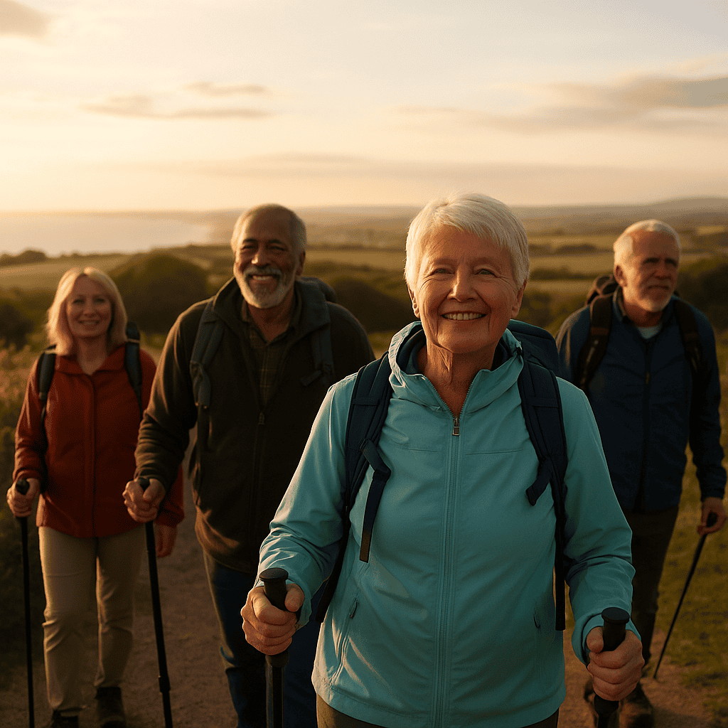 Diverse group of elderly people hiking in the countryside with a horizon view, representing resilience and improved quality of life after hypnotherapy for rheumatoid arthritis.