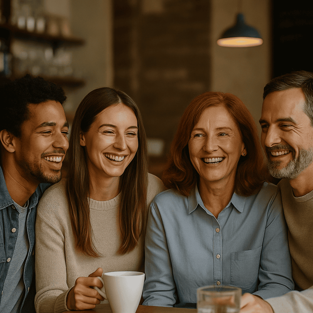 A diverse group of four friends sitting together in a cosy coffee shop, smiling and laughing warmly while enjoying drinks at a wooden table.