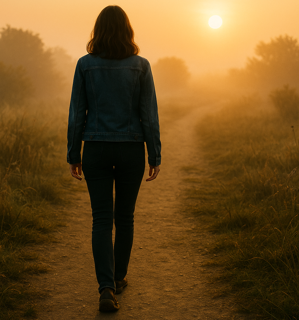 Woman walking through sunlit doorway to path. Investing in yourself. Session fees.
