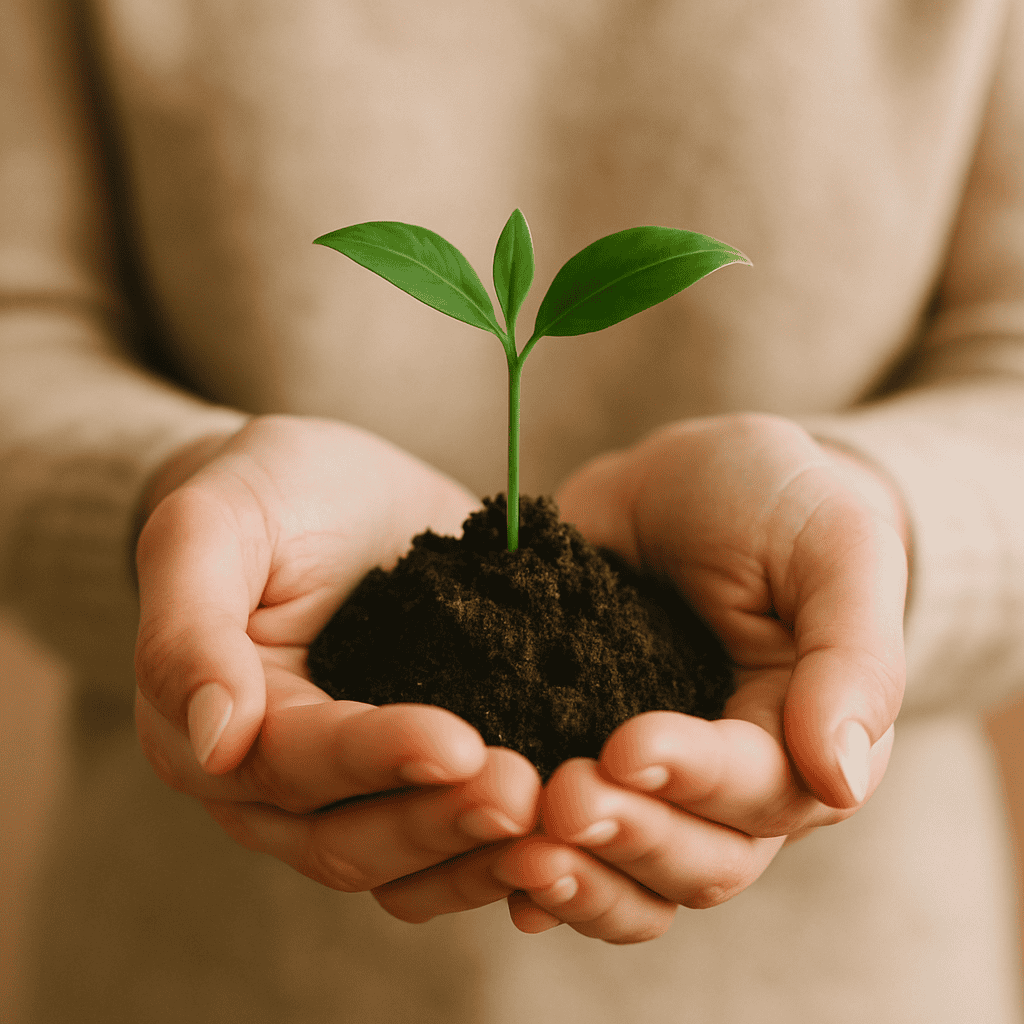 Investing in yourself. Session Fees. Woman holding plant in palm of her hands.