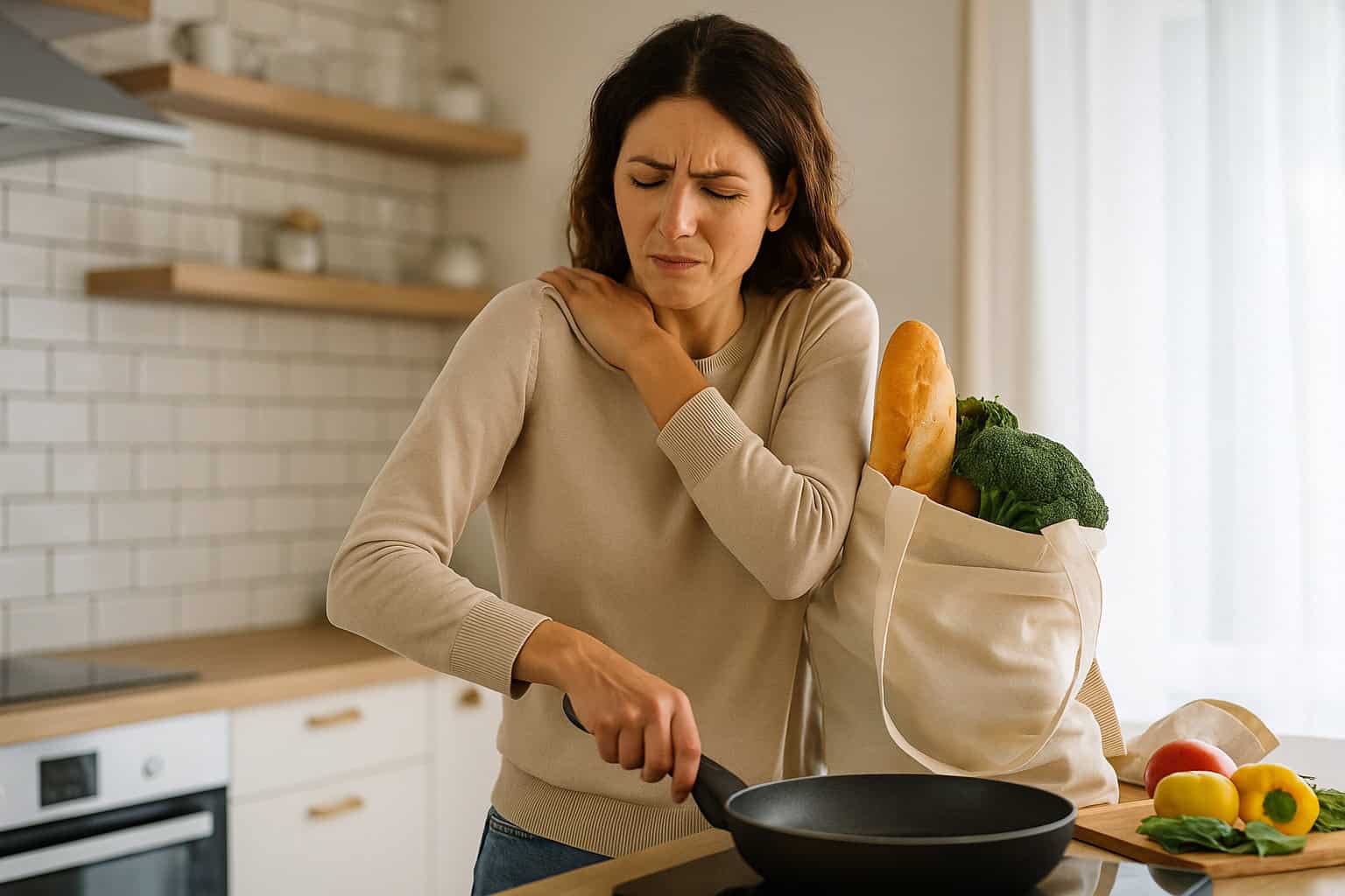 Woman struggling while cooking and carrying shopping, showing the strain of pushing through rheumatoid arthritis symptoms.