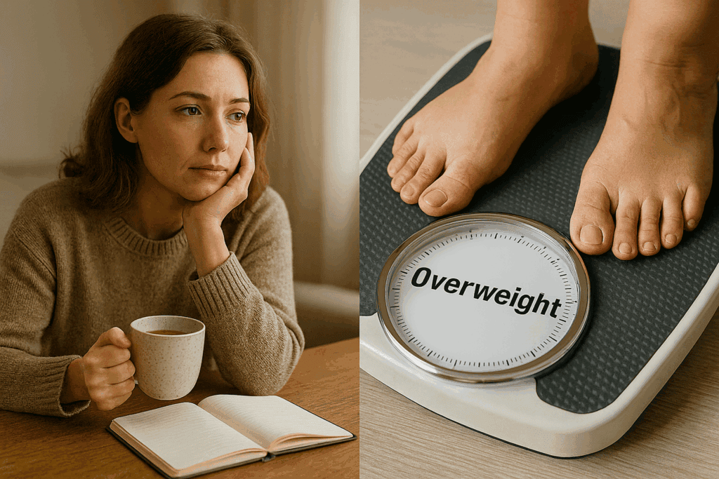 Woman sitting at table with cup of tea. Scales displaying 'overweight'