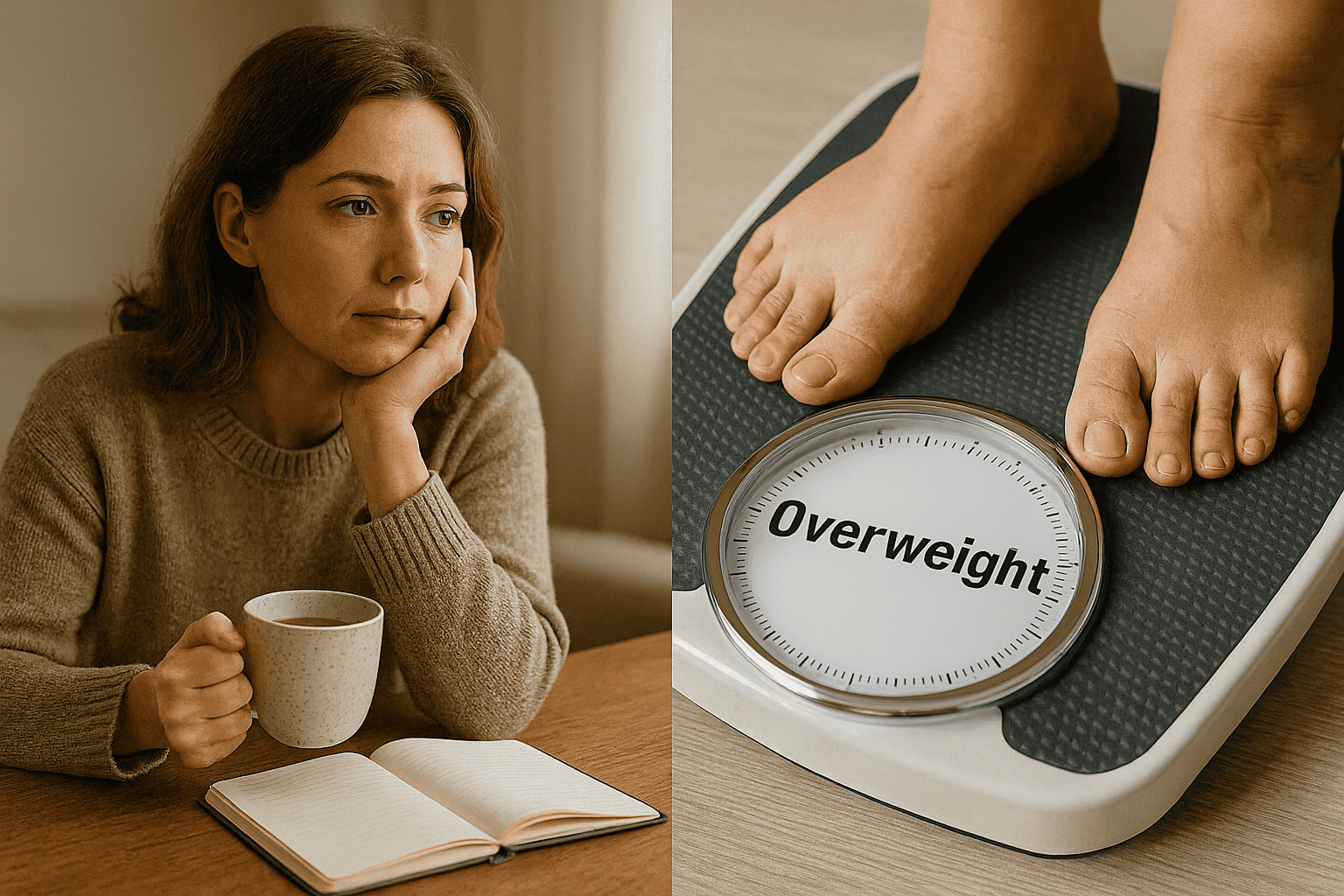 Weight Loss Hypnotherapy. Woman sitting at table with cup of tea. Scales displaying 'overweight'