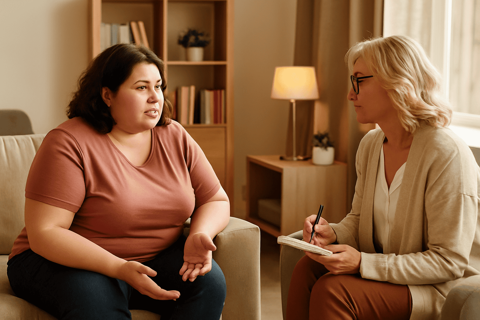 Weight Loss Hypnotherapy. Client and Therapist in clinic having a discussion.