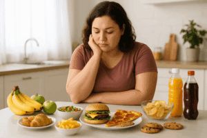 Weight loss hypnotherapy. Woman looking at food choices.