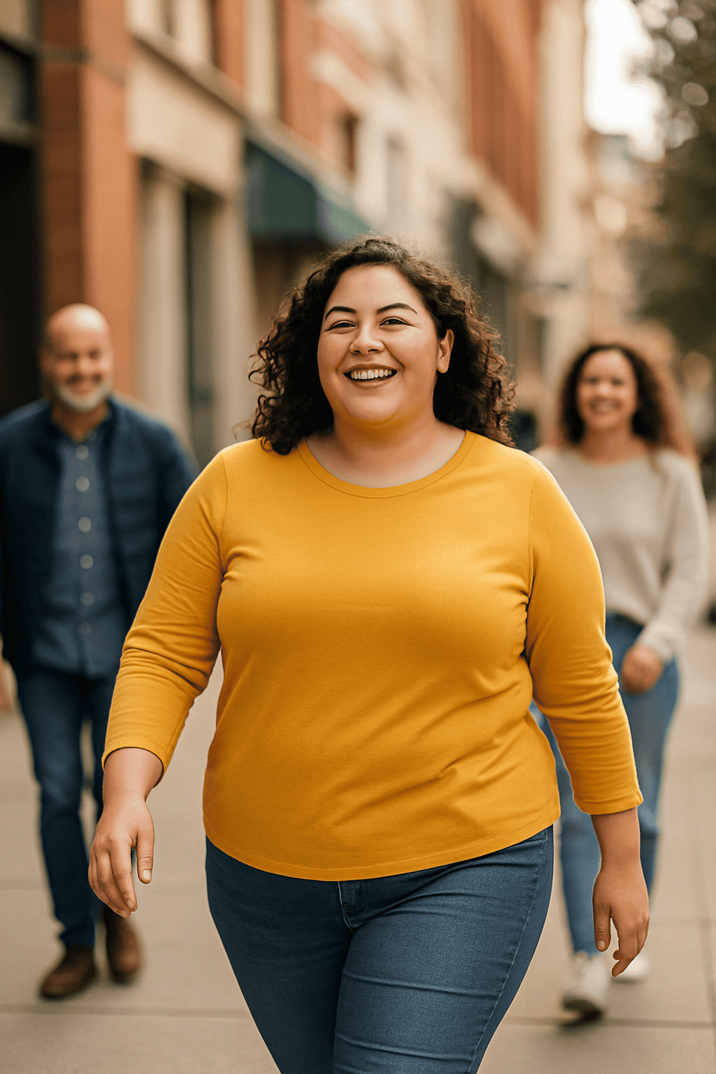 Weight loss hypnotherapy. Happy woman walking down street.