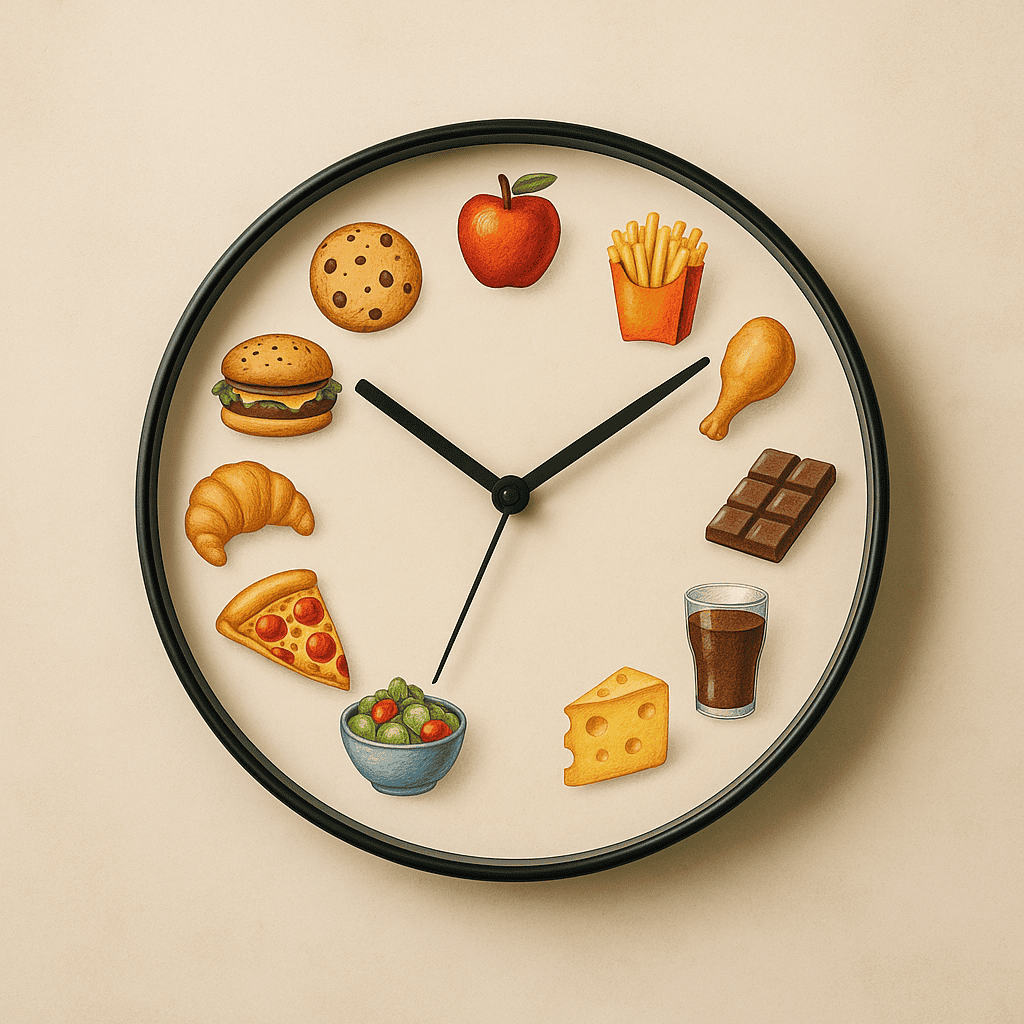 Weight loss hypnotherapy. Clock with food images