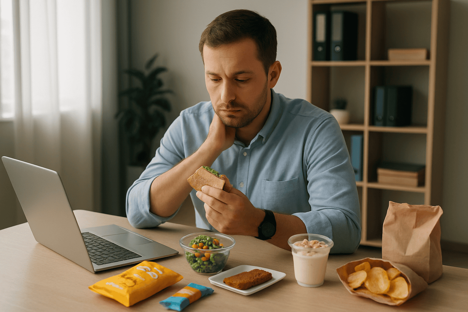 Man comfort eating at desk with lots of food choices.