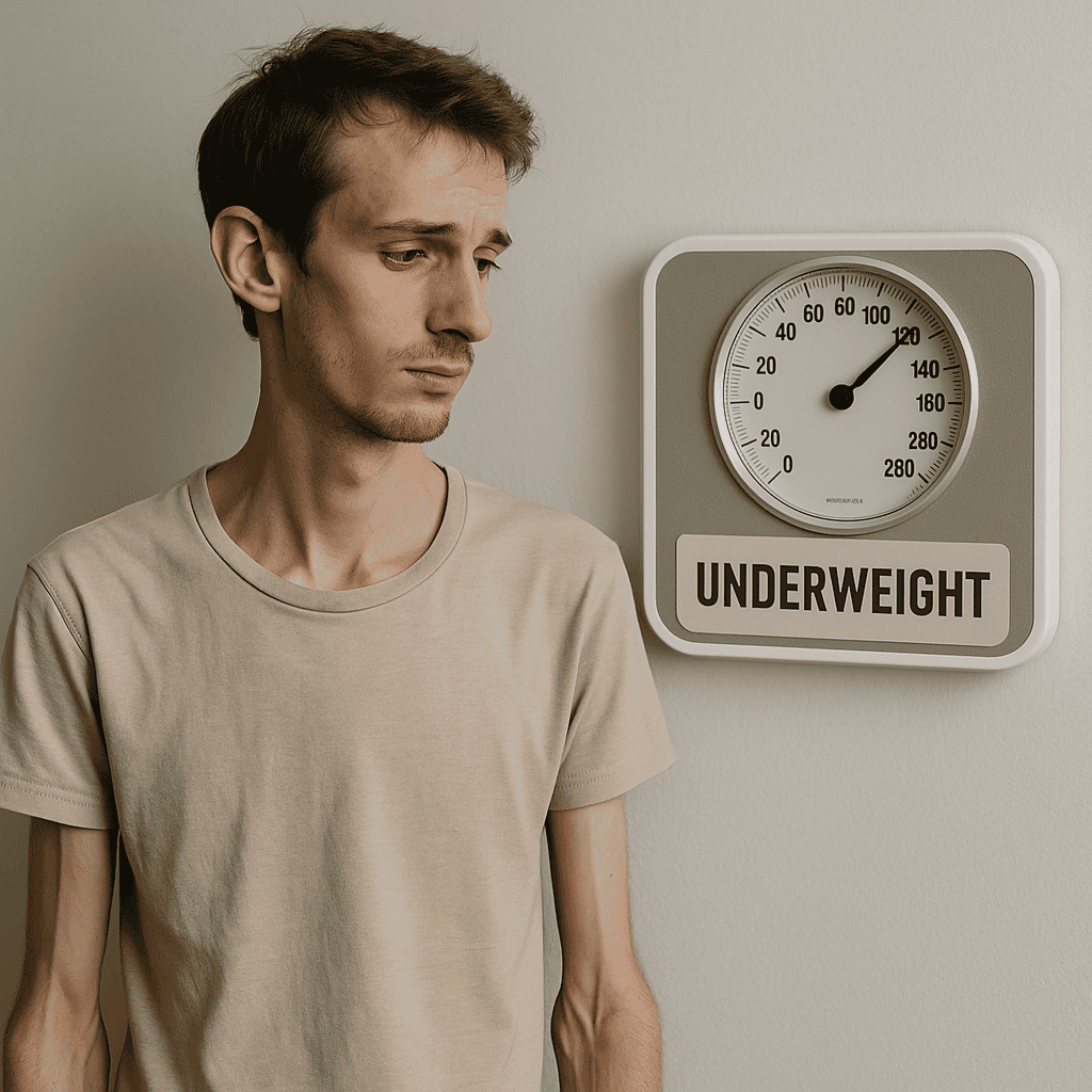 Weight gain hypnotherapy. Underweight man next to scales.