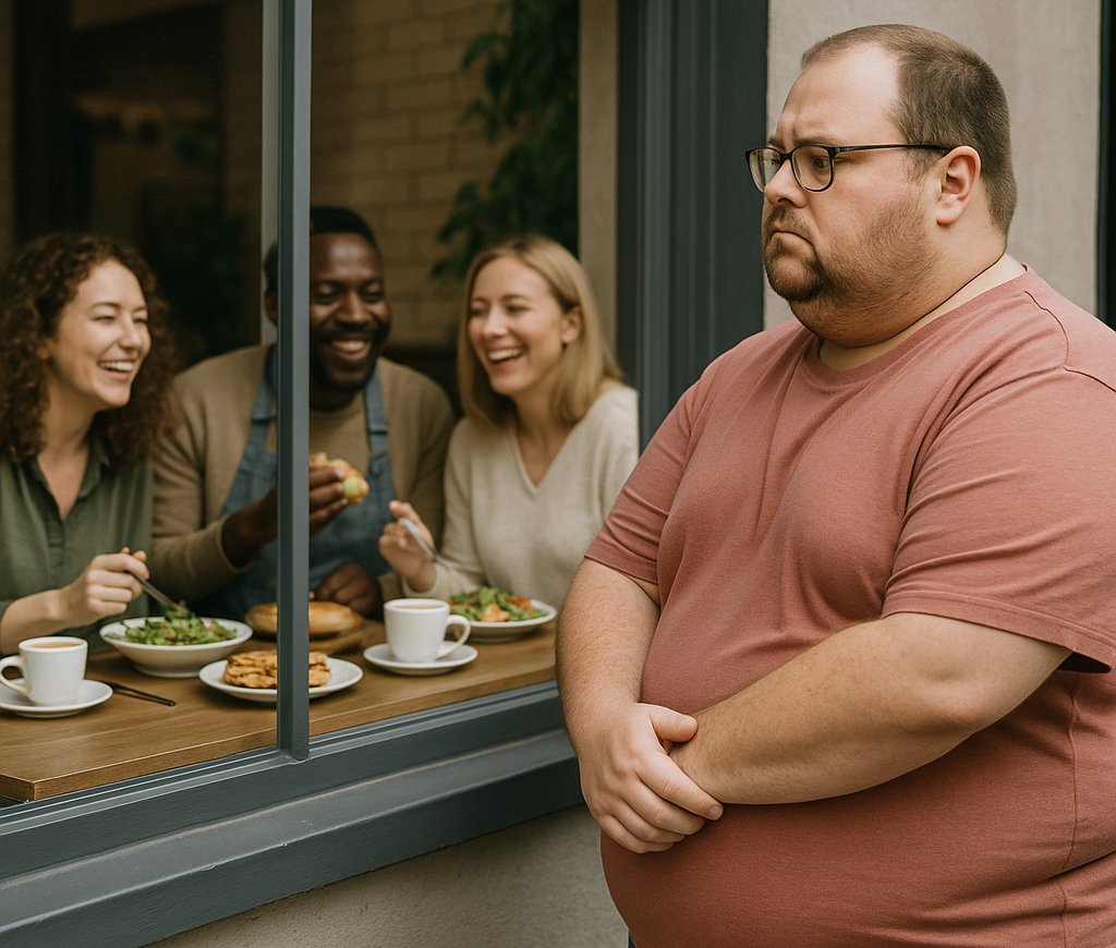 Overweight man outside cafe