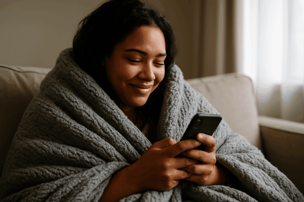 Woman snuggled in blanket with mobile phone. Phone Dependence