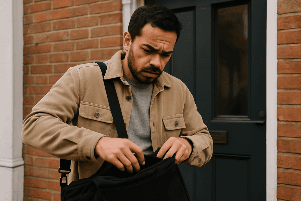 Worried man leaving home without phone. Phone Dependence. 