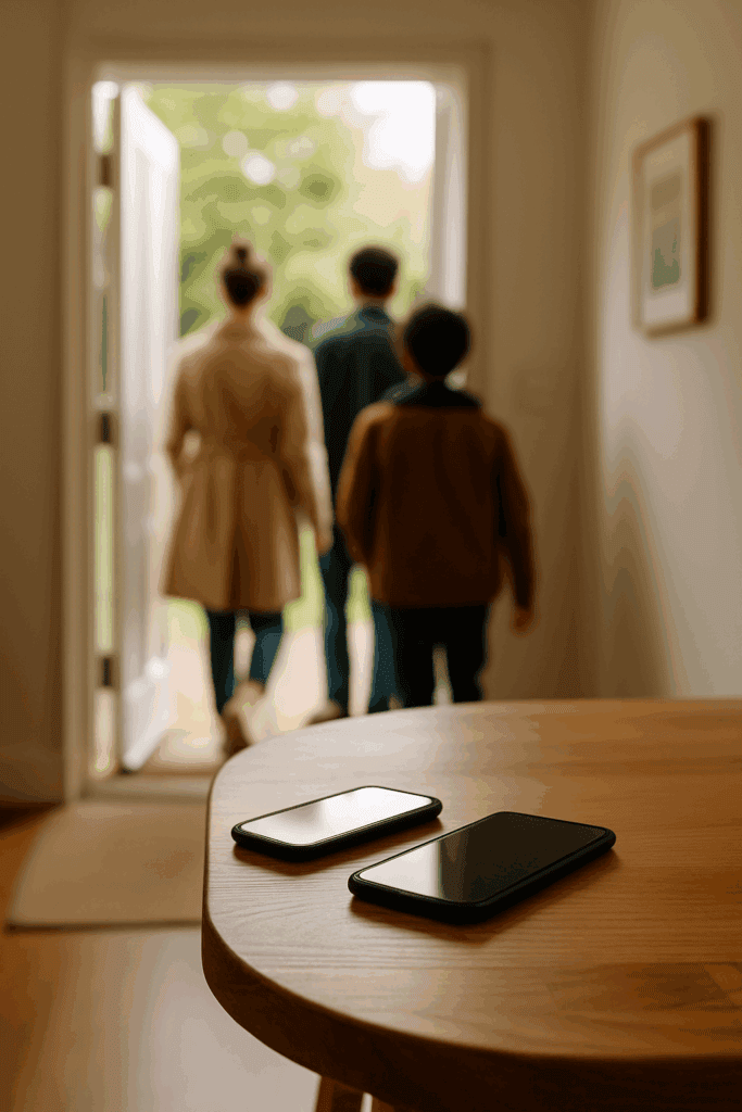 Family leaving house, mobile phones left inside. Phone Dependence.